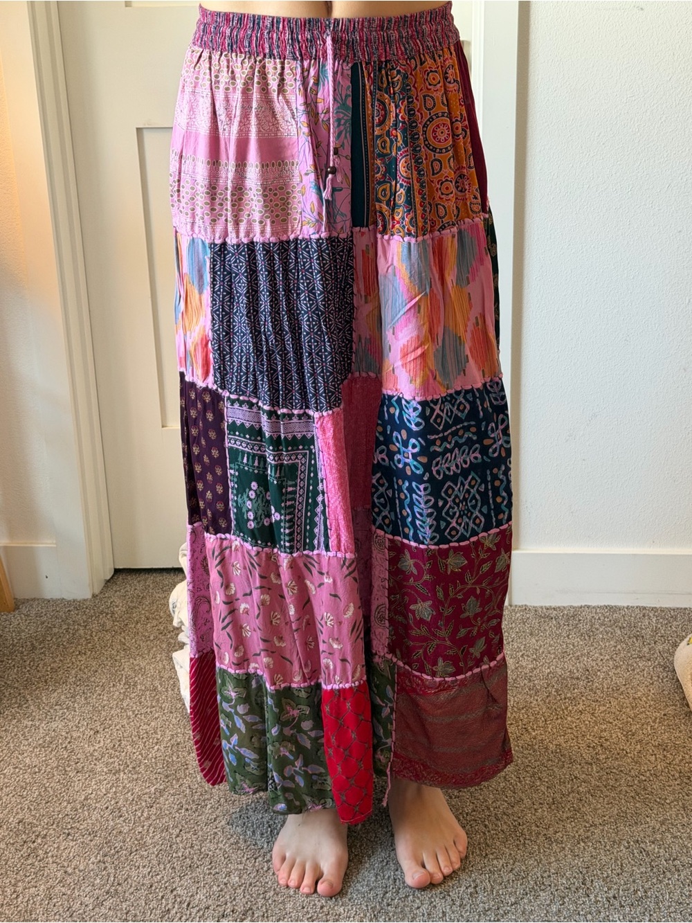 Patchwork Pink Multi Maxi Skirt with Elastic Waist